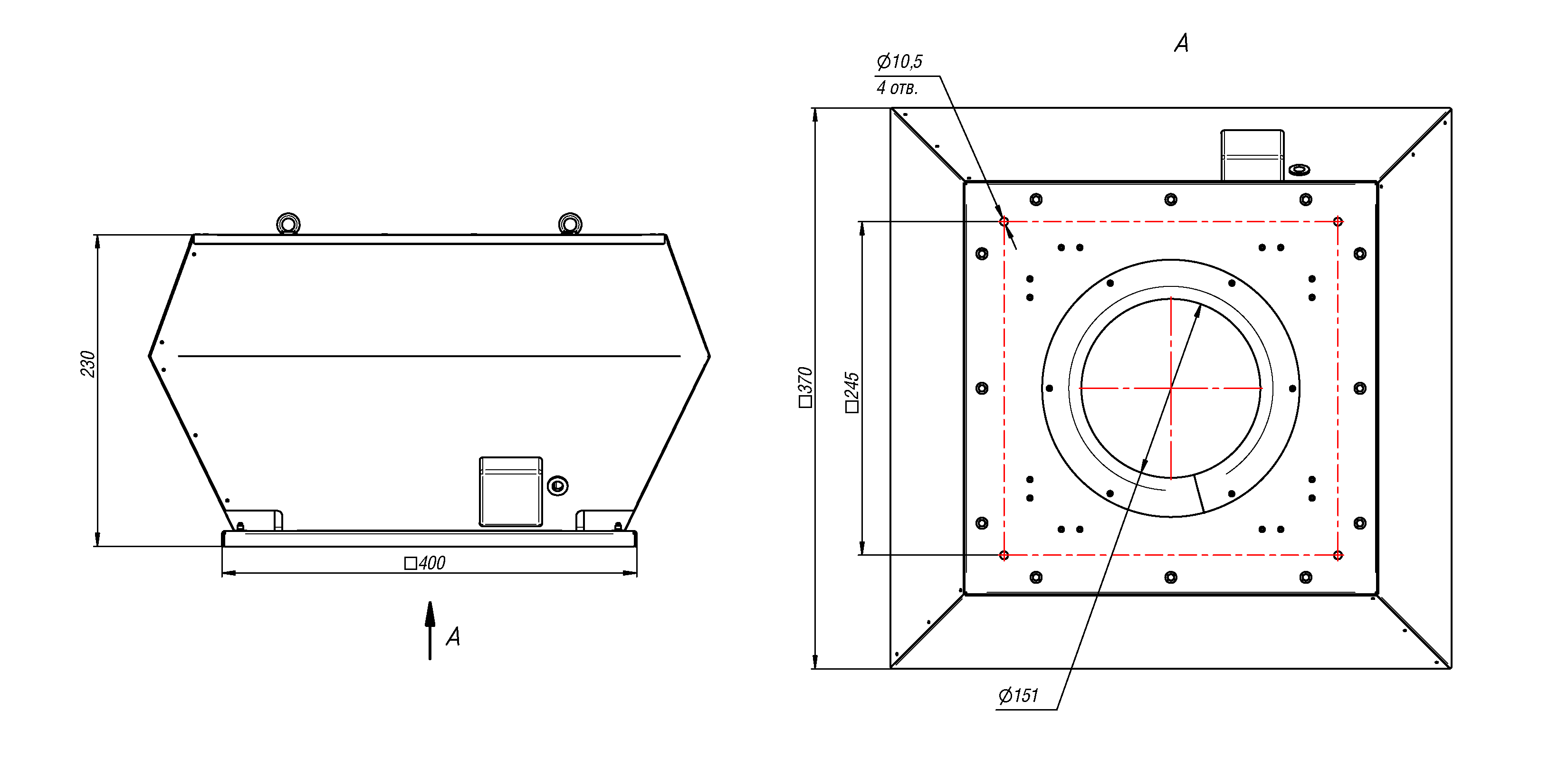 Габаритные и присоединительные размеры крышного вентилятора ВМК 225